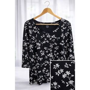 J.Jill Luxe Supima A-Line Tunic Top Cotton Modal Stretch Black White Floral M